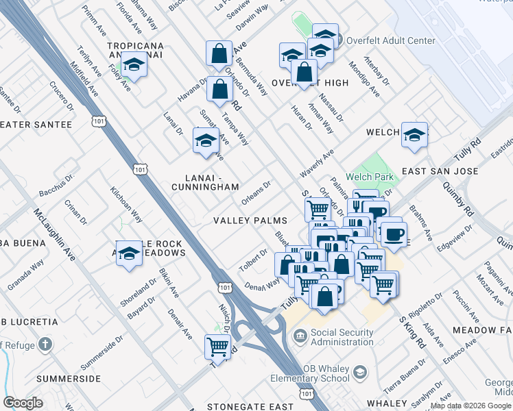 map of restaurants, bars, coffee shops, grocery stores, and more near 1629 Waverly Avenue in San Jose