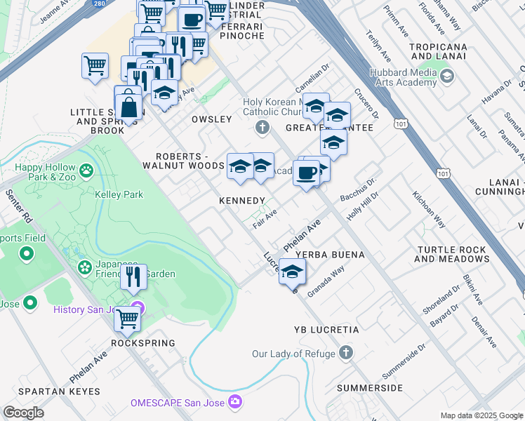 map of restaurants, bars, coffee shops, grocery stores, and more near 1013 Fair Avenue in San Jose