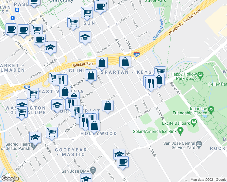 map of restaurants, bars, coffee shops, grocery stores, and more near 975 South 7th Street in San Jose