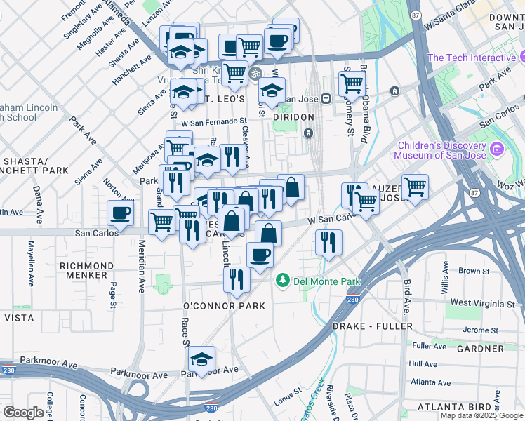 map of restaurants, bars, coffee shops, grocery stores, and more near in San Jose