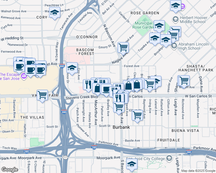 map of restaurants, bars, coffee shops, grocery stores, and more near 2269 Cecil Avenue in San Jose