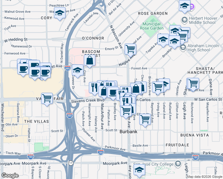 map of restaurants, bars, coffee shops, grocery stores, and more near 225 Revey Avenue in San Jose