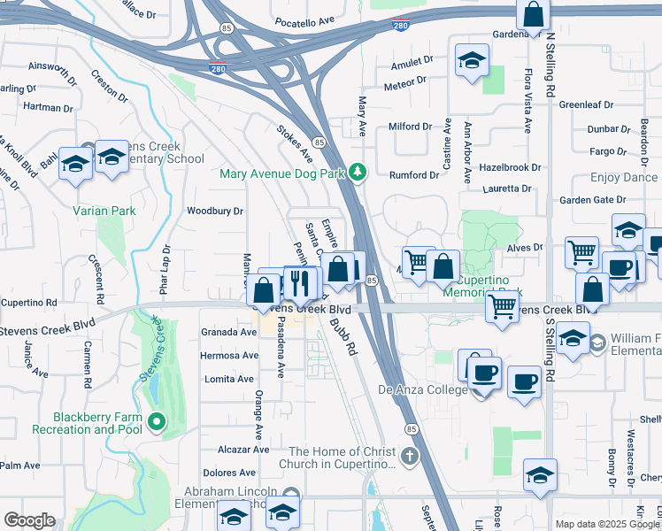 map of restaurants, bars, coffee shops, grocery stores, and more near 10106 Santa Clara Avenue in Cupertino