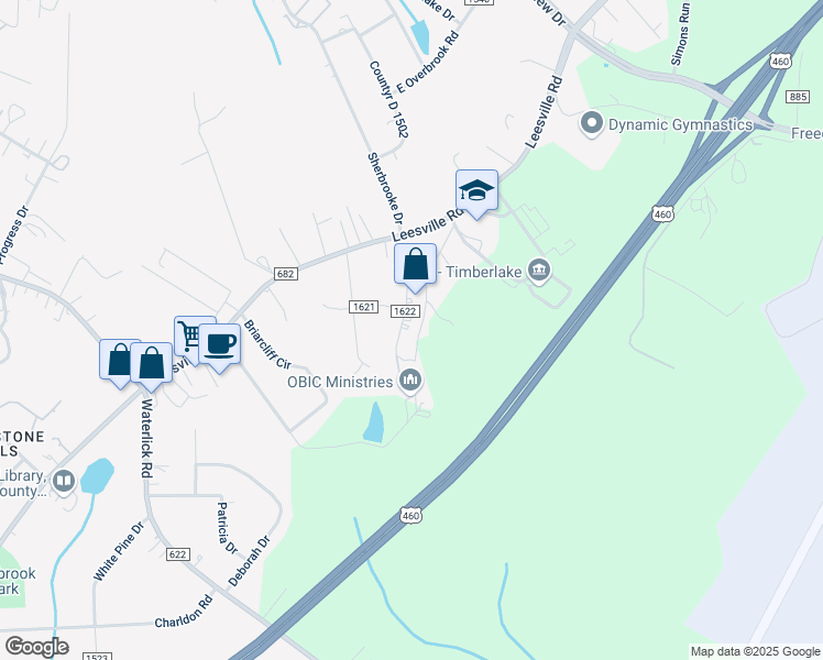 map of restaurants, bars, coffee shops, grocery stores, and more near 220 Lilac Lane in Lynchburg