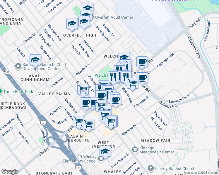 map of restaurants, bars, coffee shops, grocery stores, and more near 1905 Tully Road in San Jose