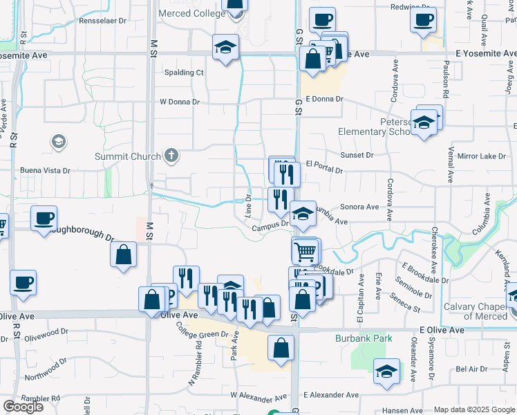 map of restaurants, bars, coffee shops, grocery stores, and more near 3331 Nome Way in Merced