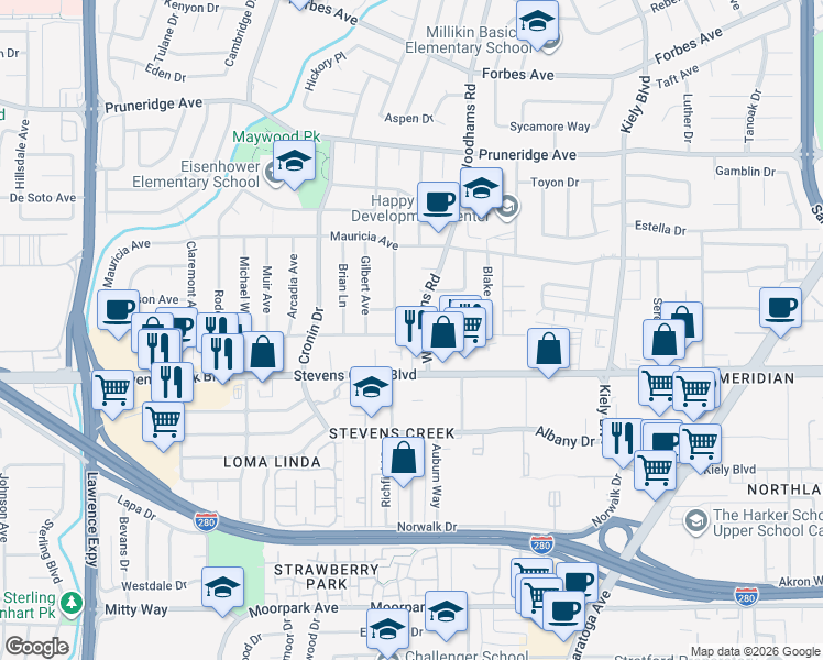 map of restaurants, bars, coffee shops, grocery stores, and more near 74 Woodhams Road in Santa Clara
