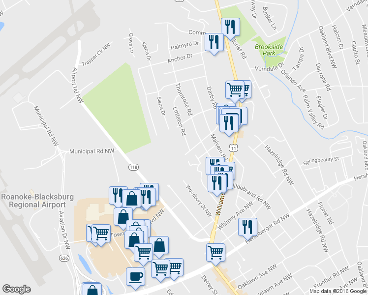map of restaurants, bars, coffee shops, grocery stores, and more near 5510 Littleton Road in Roanoke