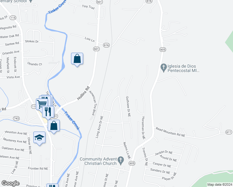 map of restaurants, bars, coffee shops, grocery stores, and more near 4812 Nelms Lane Northeast in Roanoke