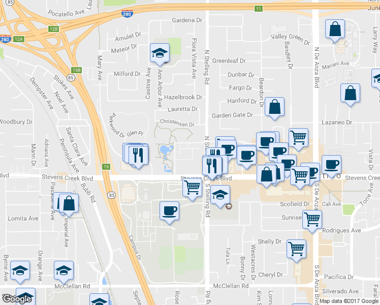 map of restaurants, bars, coffee shops, grocery stores, and more near 10093 Senate Way in Cupertino