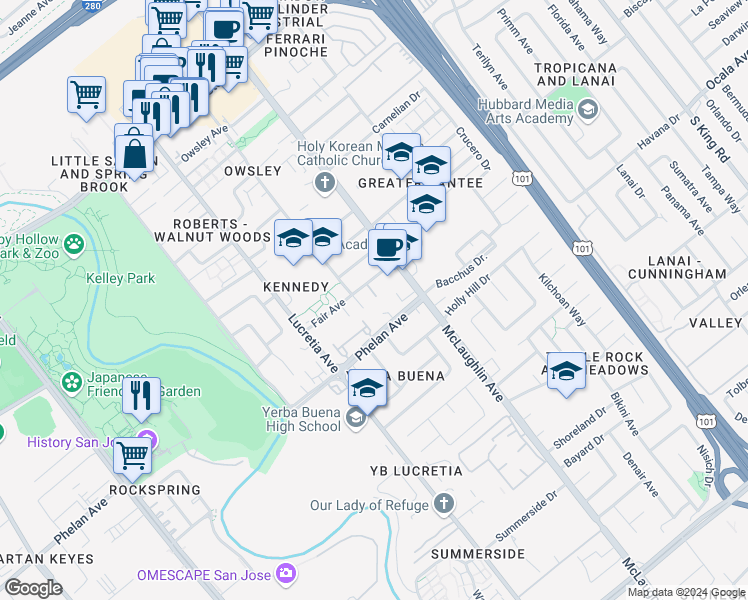 map of restaurants, bars, coffee shops, grocery stores, and more near 1717 Fairplace Court in San Jose