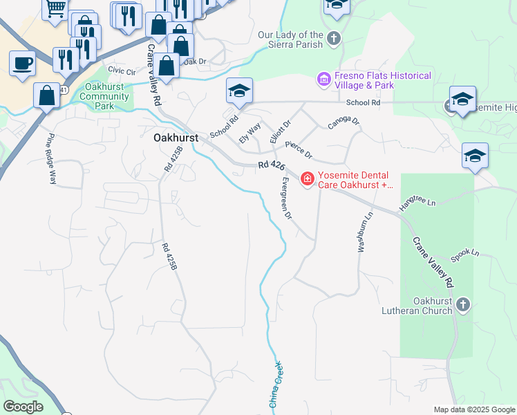 map of restaurants, bars, coffee shops, grocery stores, and more near 39627 Brandywine Lane in Oakhurst