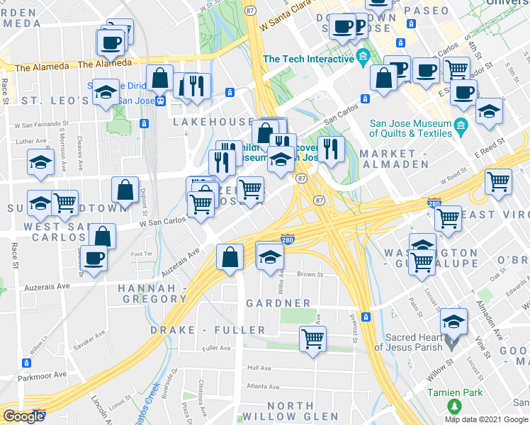 map of restaurants, bars, coffee shops, grocery stores, and more near 423 Willis Avenue in San Jose