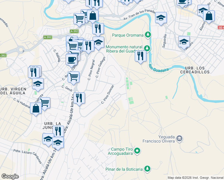map of restaurants, bars, coffee shops, grocery stores, and more near 9 Calle Pino Doncel in Alcalá de Guadaíra