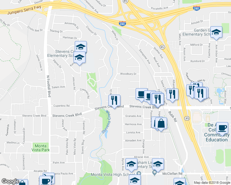 map of restaurants, bars, coffee shops, grocery stores, and more near 10089 Oakleaf Place in Cupertino