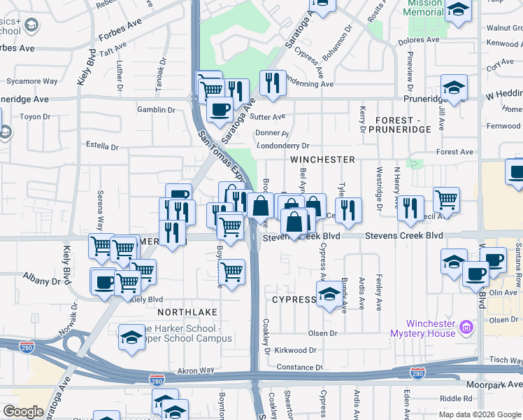 map of restaurants, bars, coffee shops, grocery stores, and more near 53 Brookside Avenue in San Jose
