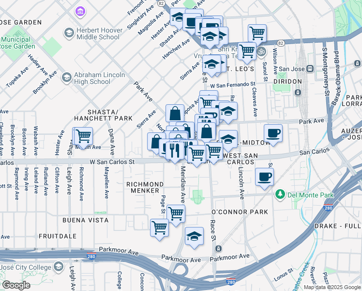 map of restaurants, bars, coffee shops, grocery stores, and more near 245 Meridian Avenue in San Jose