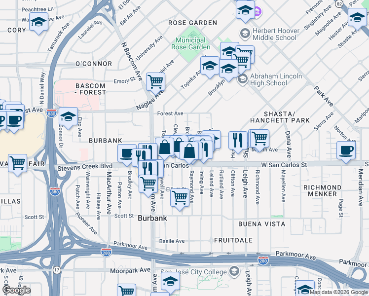 map of restaurants, bars, coffee shops, grocery stores, and more near 53 Brooklyn Avenue in San Jose