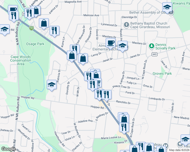 map of restaurants, bars, coffee shops, grocery stores, and more near 1255 Kingsway Drive in Cape Girardeau