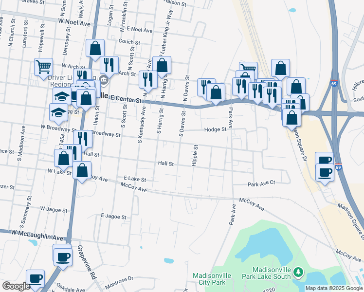 map of restaurants, bars, coffee shops, grocery stores, and more near 504 East Broadway Street in Madisonville