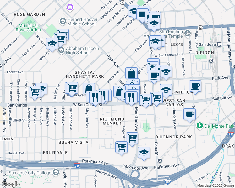 map of restaurants, bars, coffee shops, grocery stores, and more near Muller Place in San Jose