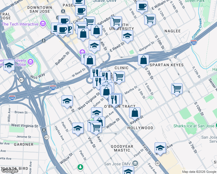 map of restaurants, bars, coffee shops, grocery stores, and more near South 2nd Street & East Virginia Street in San Jose