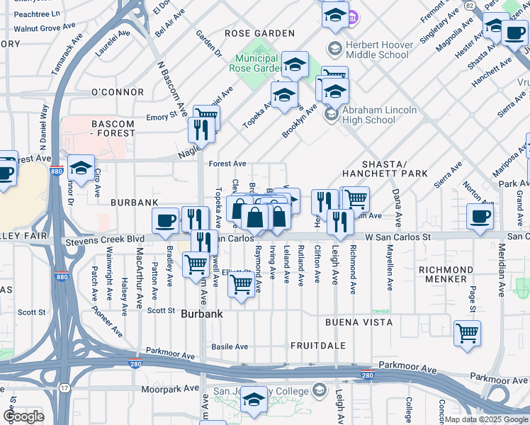map of restaurants, bars, coffee shops, grocery stores, and more near 30 Boston Avenue in San Jose