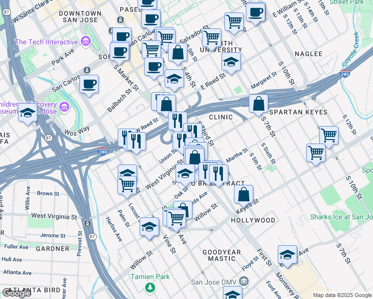 map of restaurants, bars, coffee shops, grocery stores, and more near 795 South 2nd Street in San Jose