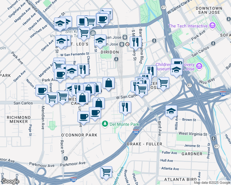 map of restaurants, bars, coffee shops, grocery stores, and more near 277 Dupont Street in San Jose