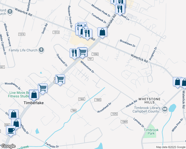 map of restaurants, bars, coffee shops, grocery stores, and more near 776 Whitestone Drive in Lynchburg
