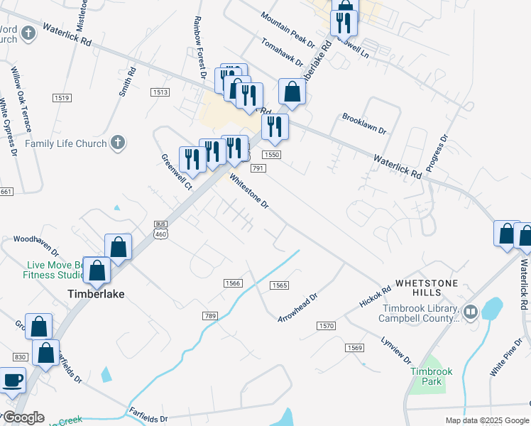 map of restaurants, bars, coffee shops, grocery stores, and more near 776 Whitestone Drive in Lynchburg