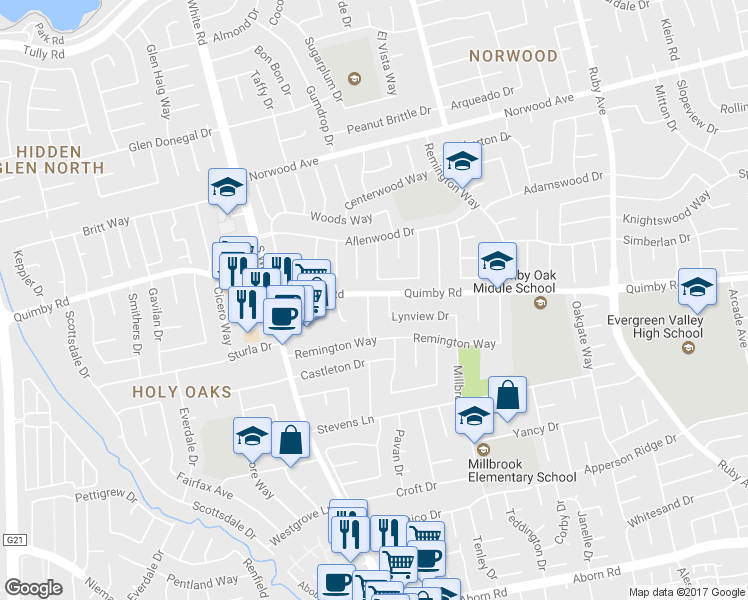 map of restaurants, bars, coffee shops, grocery stores, and more near 2806 Pendleton Dr in San Jose