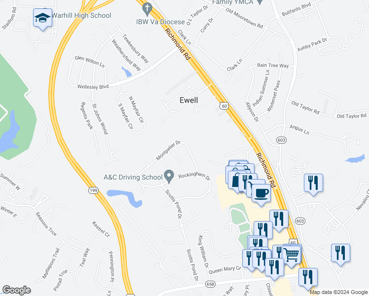 map of restaurants, bars, coffee shops, grocery stores, and more near 5835 Montpelier Drive in Williamsburg
