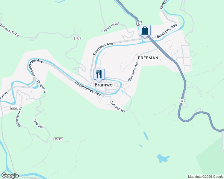 map of restaurants, bars, coffee shops, grocery stores, and more near Rose Street in Bramwell