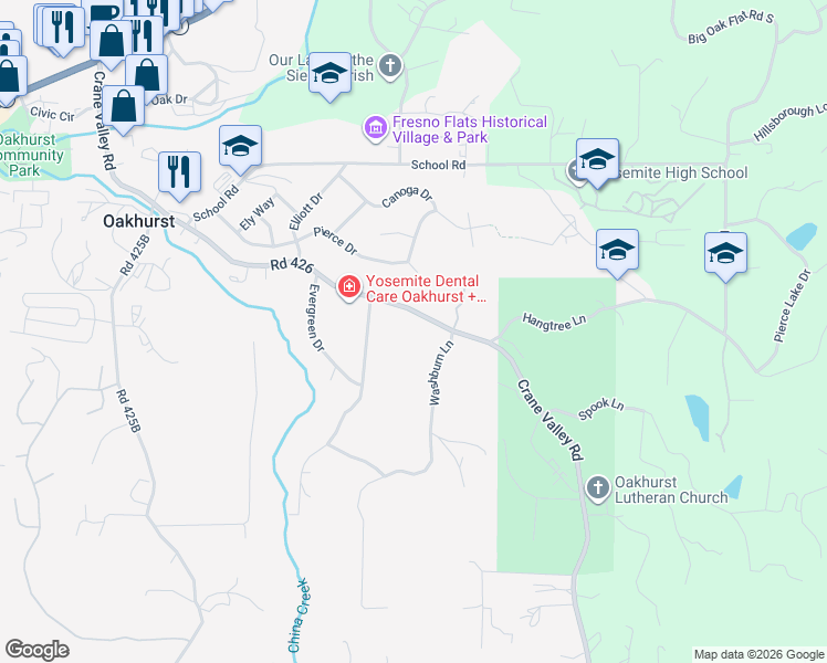 map of restaurants, bars, coffee shops, grocery stores, and more near 49856 Road 426 in Oakhurst