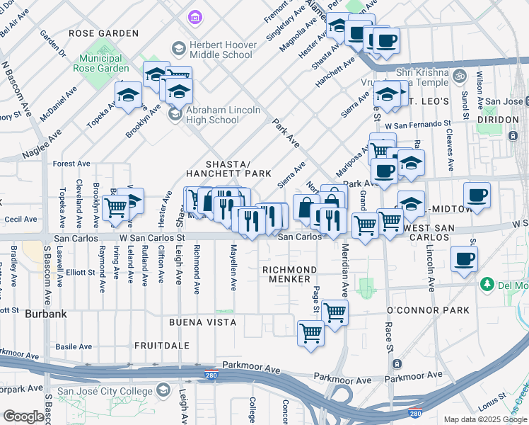 map of restaurants, bars, coffee shops, grocery stores, and more near 110 North Buena Vista Avenue in San Jose