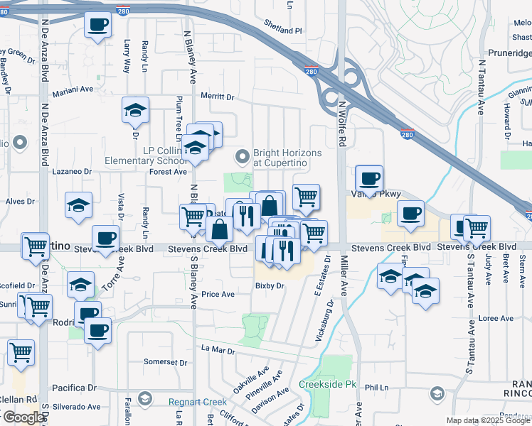 map of restaurants, bars, coffee shops, grocery stores, and more near 19767 Wheaton Drive in Cupertino