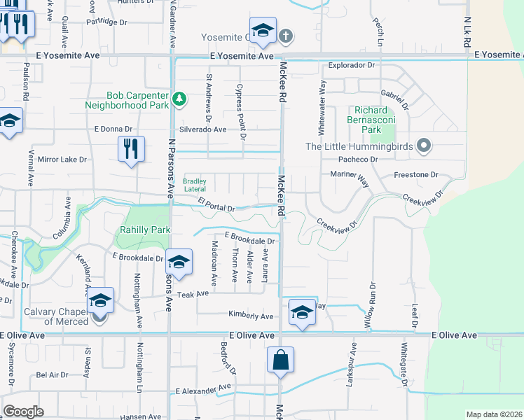 map of restaurants, bars, coffee shops, grocery stores, and more near 2102 El Portal Drive in Merced