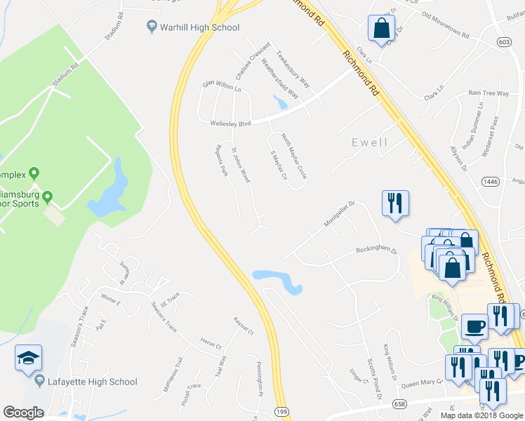 map of restaurants, bars, coffee shops, grocery stores, and more near 4801 Cotswold Court in Williamsburg