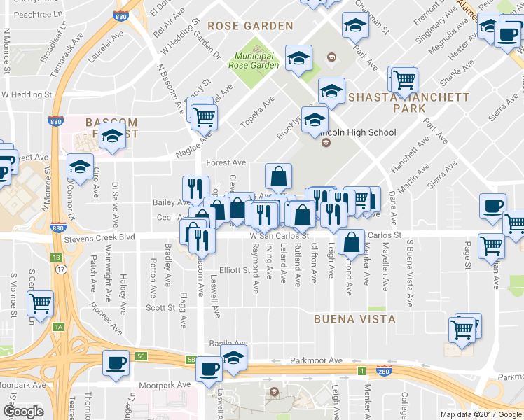 map of restaurants, bars, coffee shops, grocery stores, and more near 30 Boston Avenue in San Jose