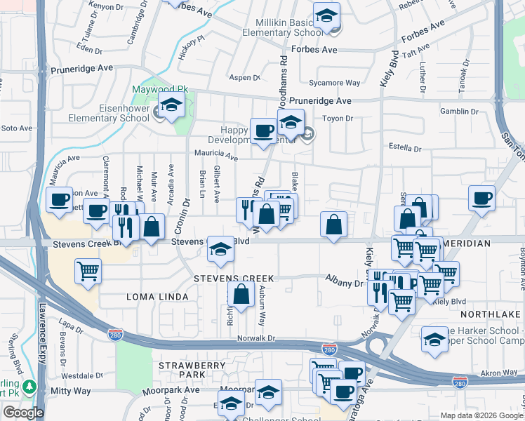 map of restaurants, bars, coffee shops, grocery stores, and more near 3051 McKinley Drive in Santa Clara