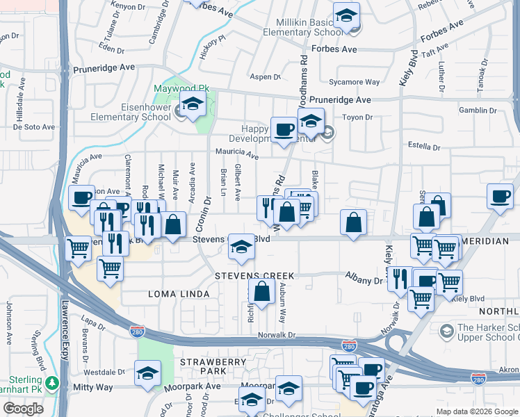 map of restaurants, bars, coffee shops, grocery stores, and more near 74 Woodhams Road in Santa Clara