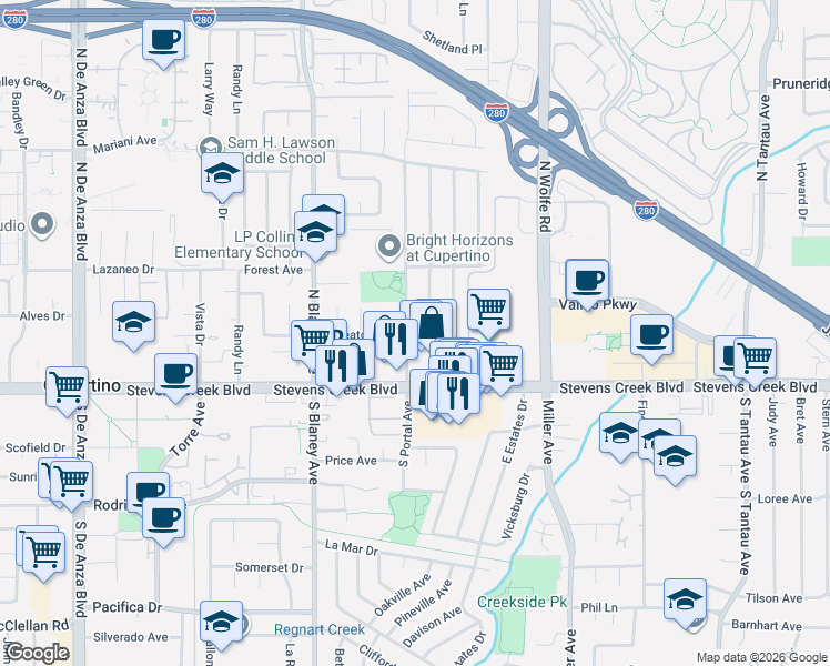 map of restaurants, bars, coffee shops, grocery stores, and more near 19767 Wheaton Drive in Cupertino