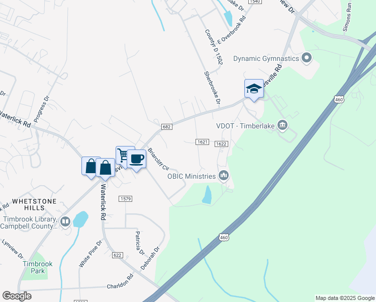 map of restaurants, bars, coffee shops, grocery stores, and more near 179 Deer Creek Drive in Lynchburg