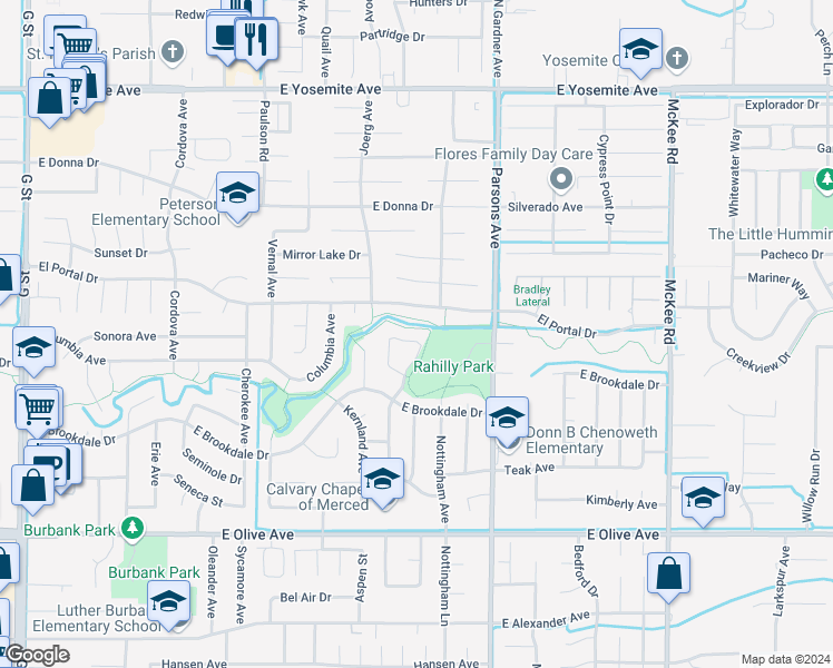 map of restaurants, bars, coffee shops, grocery stores, and more near 3359 Shamrock Place in Merced