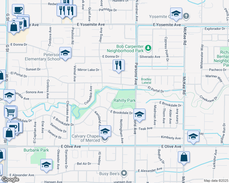 map of restaurants, bars, coffee shops, grocery stores, and more near 3359 Shamrock Place in Merced