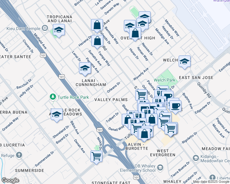 map of restaurants, bars, coffee shops, grocery stores, and more near 1629 Waverly Avenue in San Jose