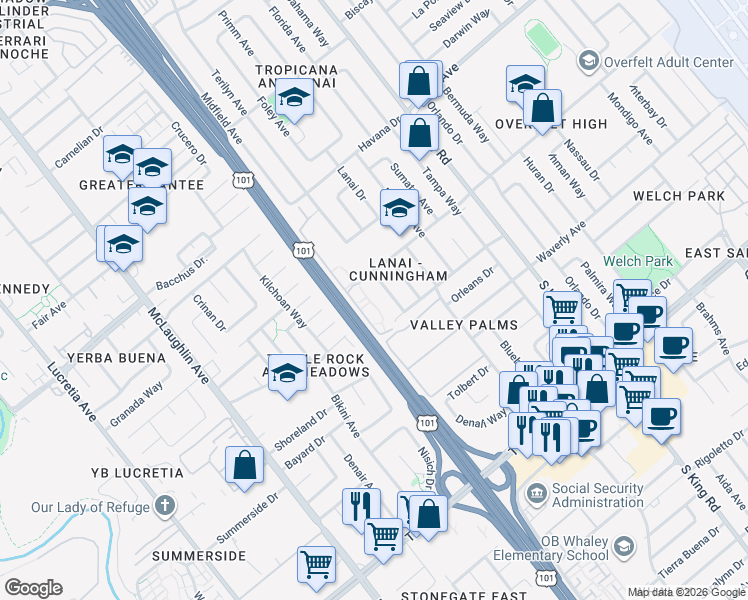 map of restaurants, bars, coffee shops, grocery stores, and more near 1877 Midfield Avenue in San Jose