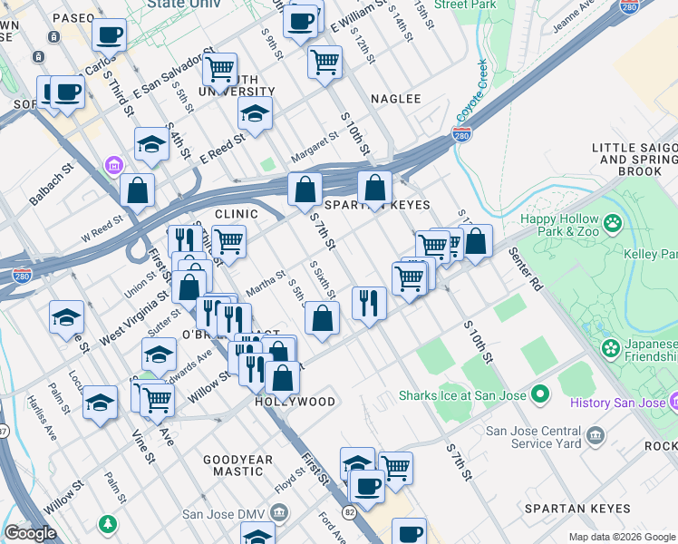 map of restaurants, bars, coffee shops, grocery stores, and more near 961 South 7th Street in San Jose