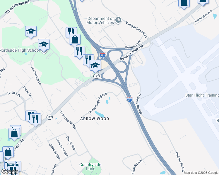 map of restaurants, bars, coffee shops, grocery stores, and more near 4840 Frontage Road Northwest in Roanoke